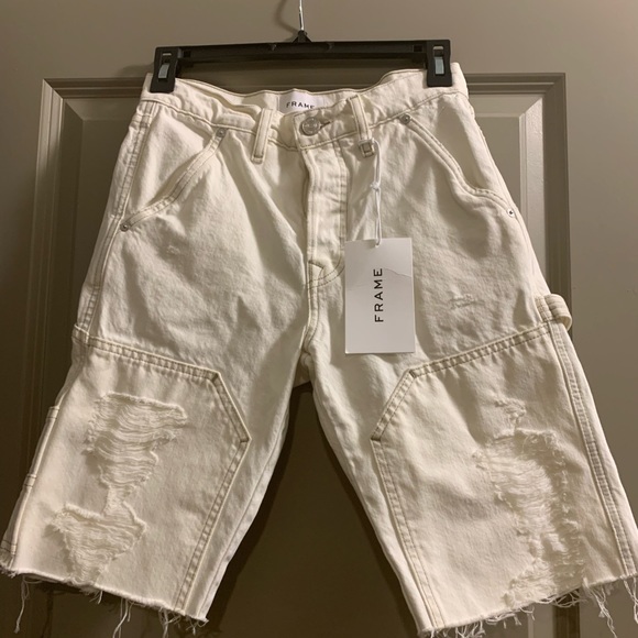 FRAME Denim Le Slouch Off White distressed Bermuda Short size 23. Retail $248 - Picture 2 of 11